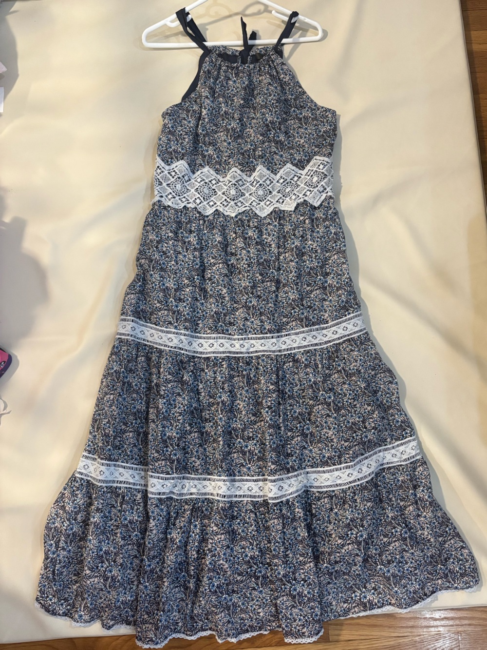 Adelyn Rae Blue Floral Halter Maxi Dress with White Lace Trim
